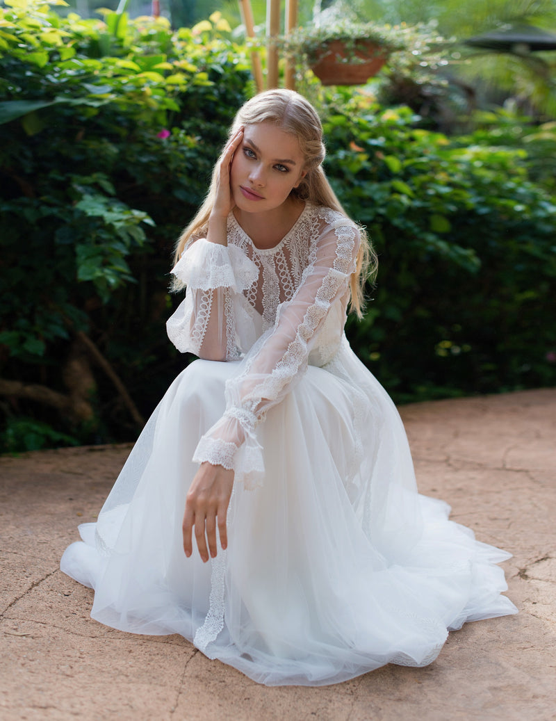 Vestido de novia 2 en 1 con gorro de encaje