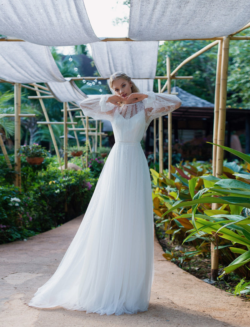 Vestido de novia 2 en 1 con gorro de encaje