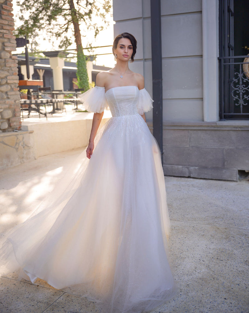 Strapless Glitter Wedding Gown with Removable Short Puffy Sleeves HAREM's Brides Strapless Glitter Wedding Gown with Removable Short Puffy Sleeves HAREM's Brides