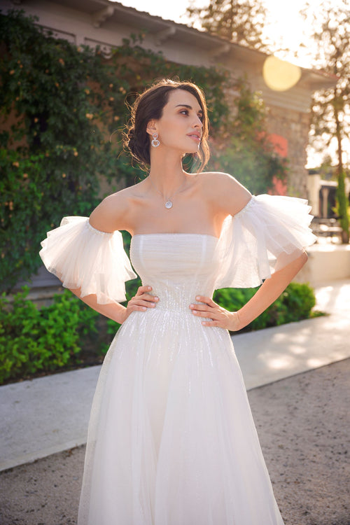 Strapless Glitter Wedding Gown with Removable Short Puffy Sleeves