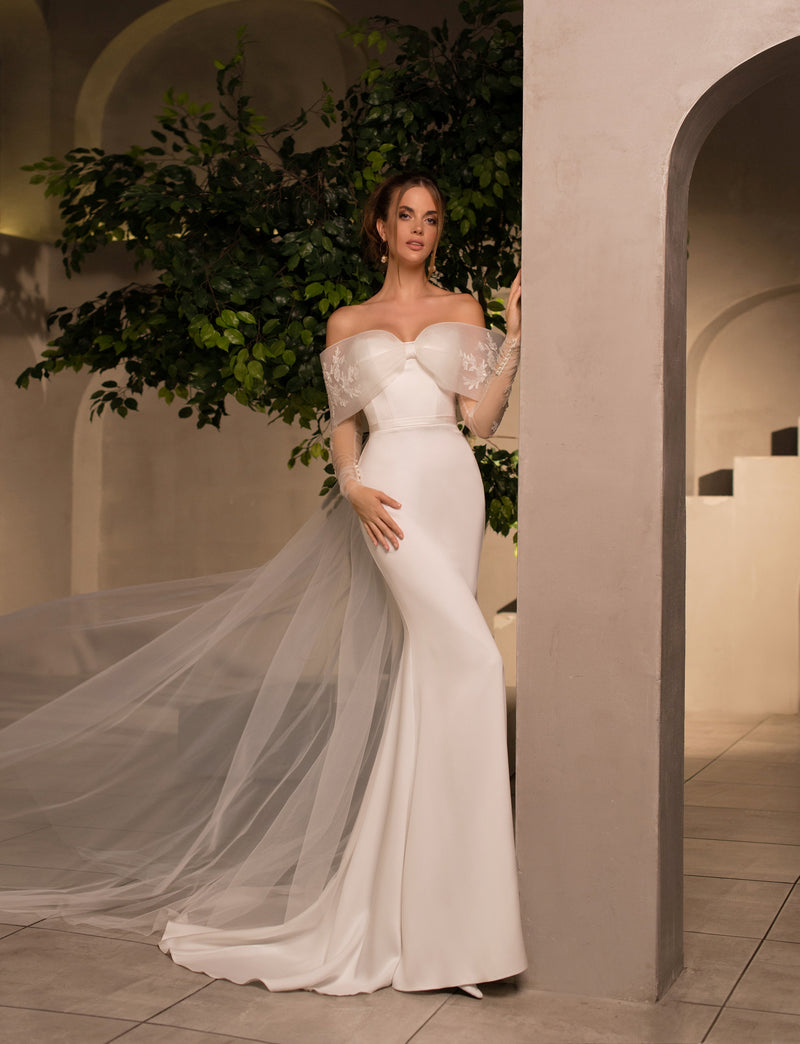 Simple Modern Satin Mermaid Wedding Dress Sexy Slit Off The Shoulder Bridal  Gown Puff Sleeve Bride