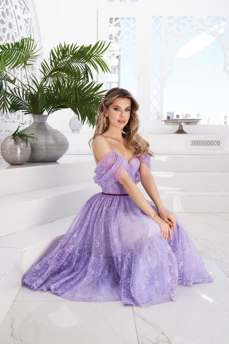 women's dark purple off the shoulder dress for the club Off-the-Shoulder Midi Dress – HAREM's Brides